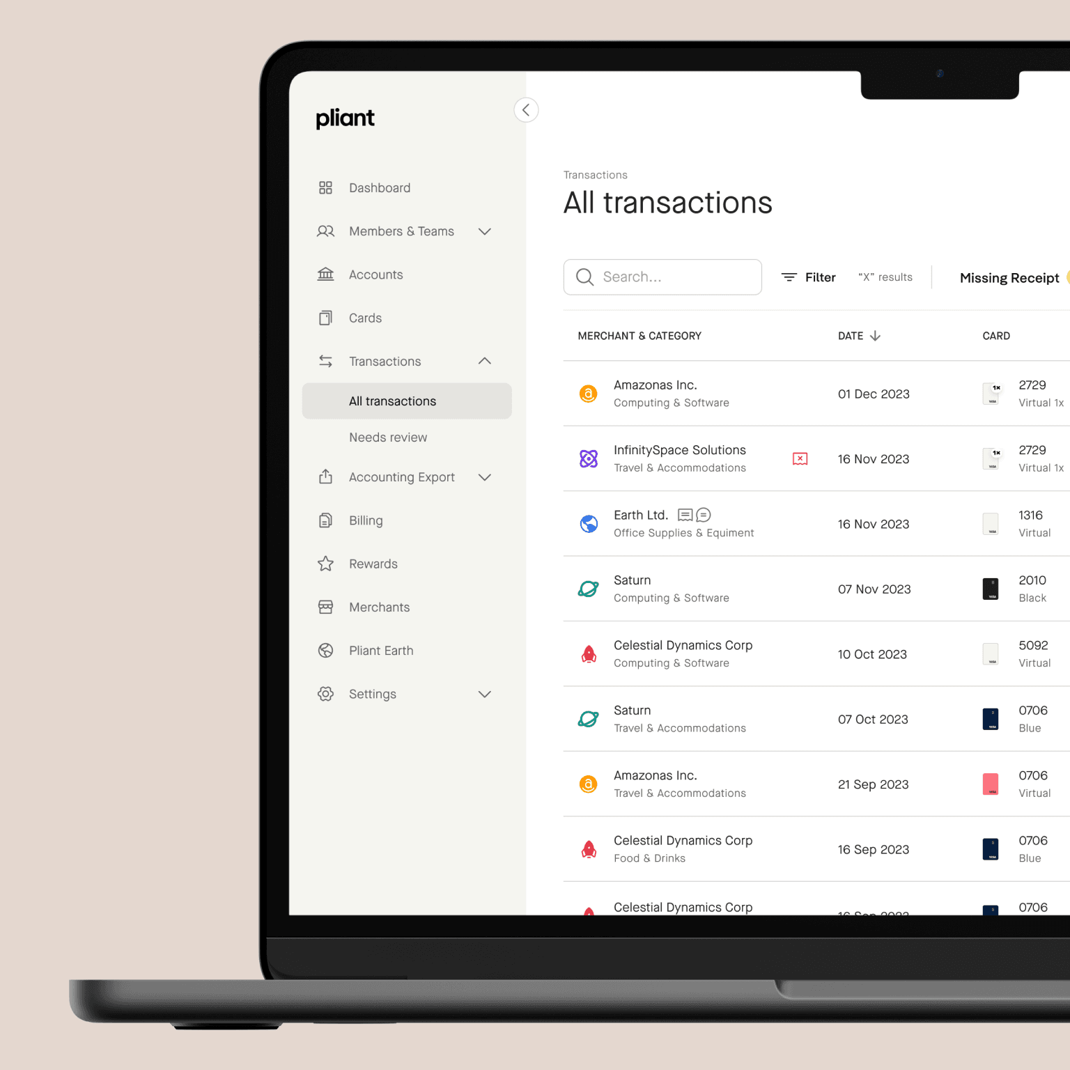 All transactions page in Pliant web app